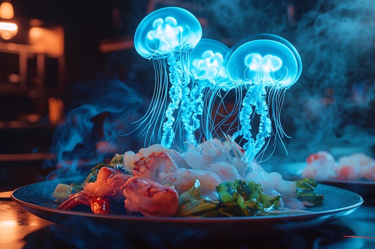 Photo mystical glowing jellyfish float over a gourmet seafood spread merging the surreal