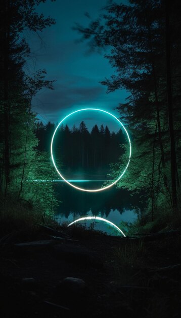 Mystical glowing neon creepy circle or portal over water or lake in the forest AI generated