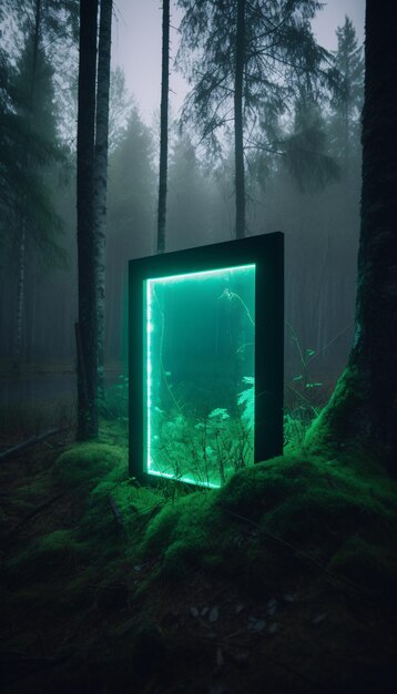 Mystical glowing neon light creepy square or portal in the forest AI generated