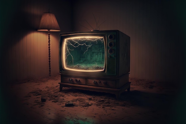 Mystical glowing old tv set in dark dirty living room created with generative ai