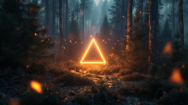 Mystical glowing triangle in a foggy forest at dusk