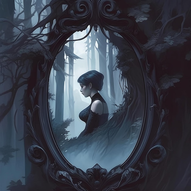 a mystical gothic girl sitting in the mirror in a dark gloomy magical forest