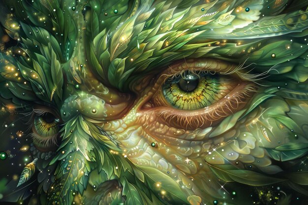 Мистический зеленый глаз среди фантастической фауны Зачарованный лес Видение Волшебная пустыня