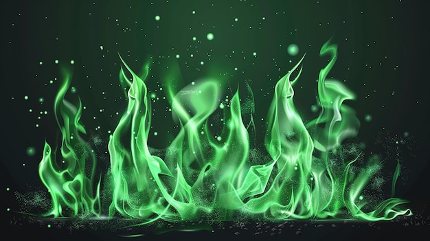 Mystical green flames on dark background fantasy concept