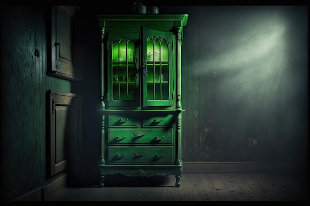 Mystical green light around old dark wooden cupboard created with generative ai