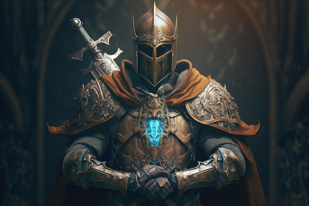 Мистический воин-хранитель в форме рыцаря со щитом и мечом