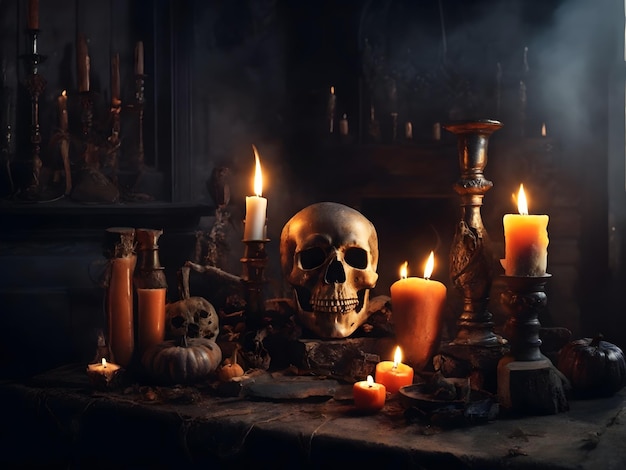 神秘的なハロウィーンの静物画の背景キャンドル古い暖炉の頭蓋骨燭台ホラーと