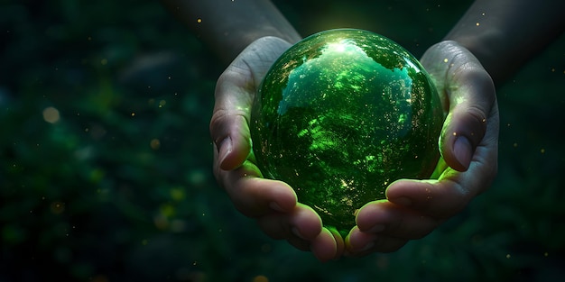 Mystical hands holding a luminous green orb amidst darkness conceptual environmental protection theme AI