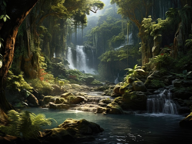 Mystical hidden waterfall deep within a dense rainforest with cascading water lush vegetation