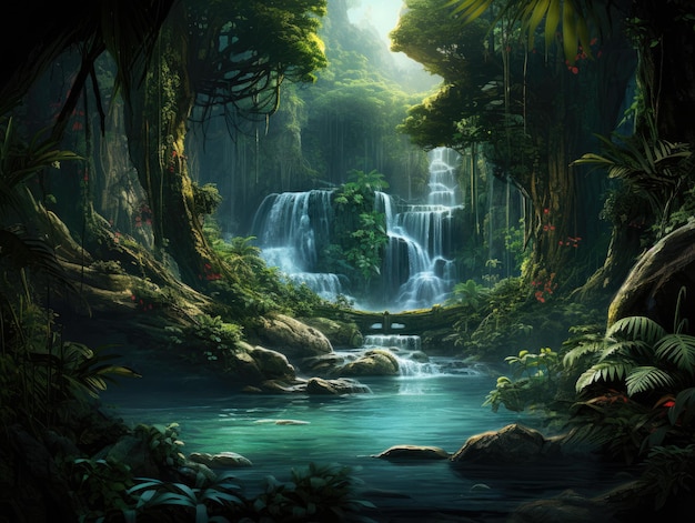 Mystical hidden waterfall deep within a dense rainforest with cascading water lush vegetation