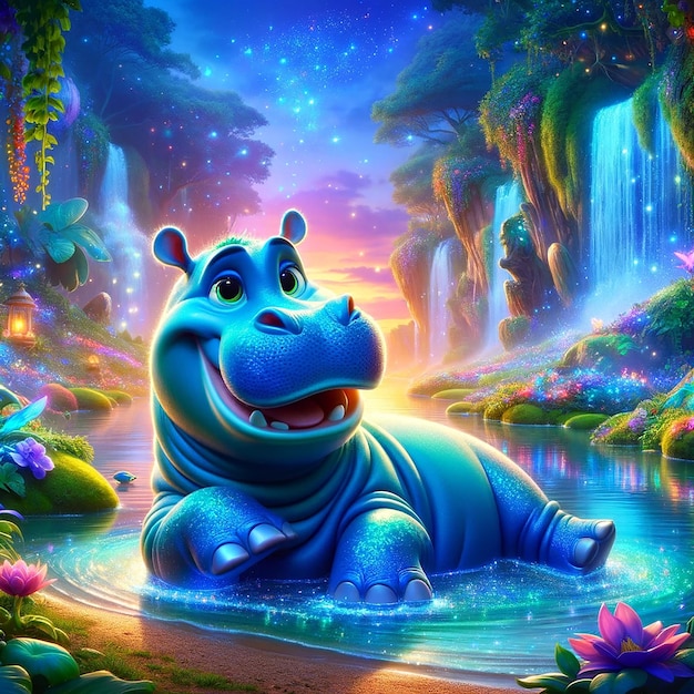 Mystical Hippo in Vivid Riverbank Scene