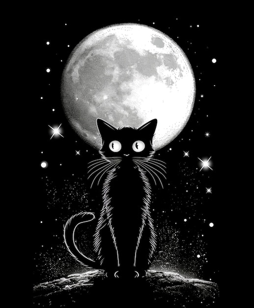 Foto illustrazione mistica di un gatto nero in piedi davanti alla luna piena