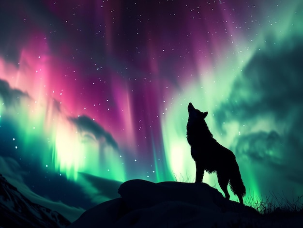 Foto un'immagine mistica di un lupo solitario che ulula in silhouette contro un'aurora boreale vibrante nel cielo notturno