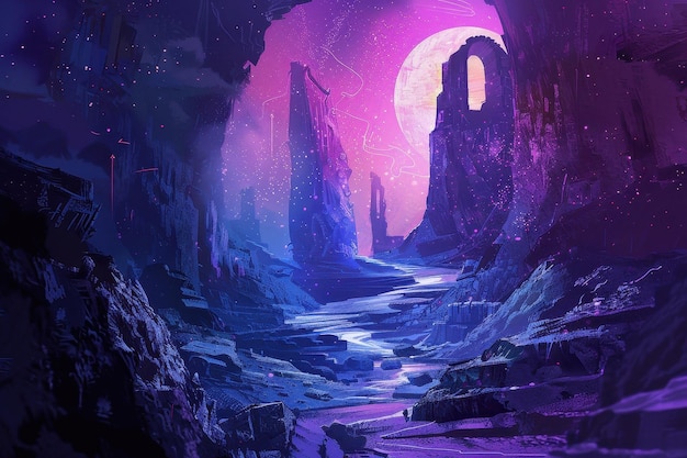 Mystical journey through an ethereal dreamscape of vibrant colors and ancient ruins