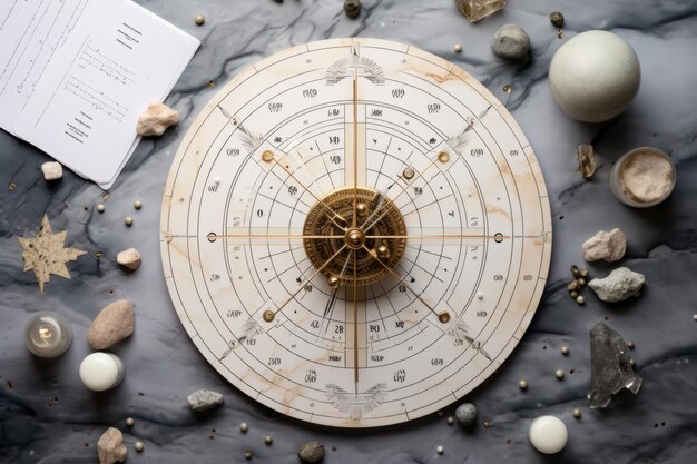 The Mystical Journey Unveiling Fate with the Natal Chart and Astrological Artefacts on a Serene Gre