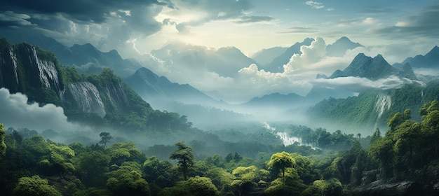 Mystical Jungle Veil Foggy Landscape with CloudCovered Mountains