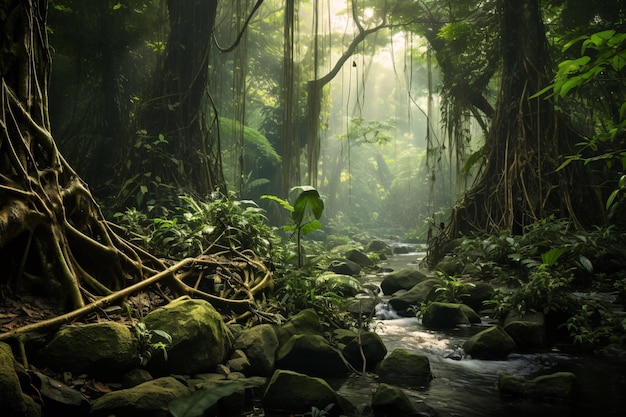 写真 植物がたくさんある神秘的なジャングル 川と