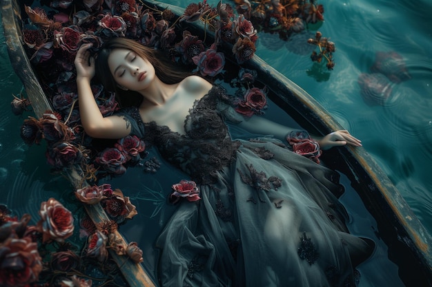 Mystical lady in floral boat drifting on water