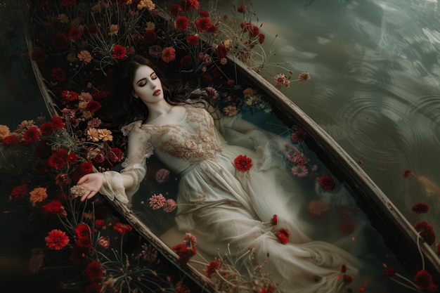 Mystical lady in floral boat drifting on water