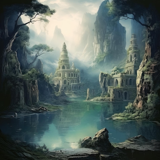 Mystical lake surrounded by ancient ruins and legends