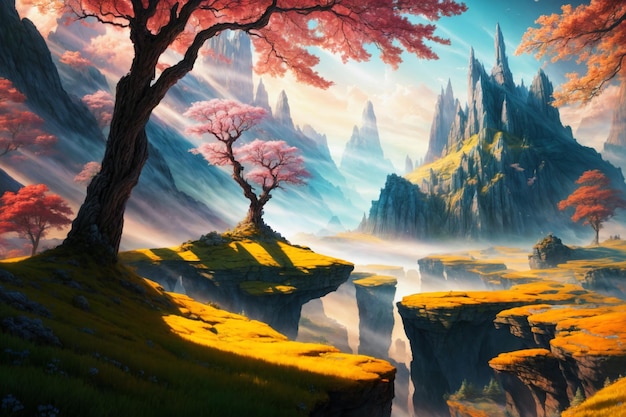 Mystical landscape with big tree painting Generative AI illustrations