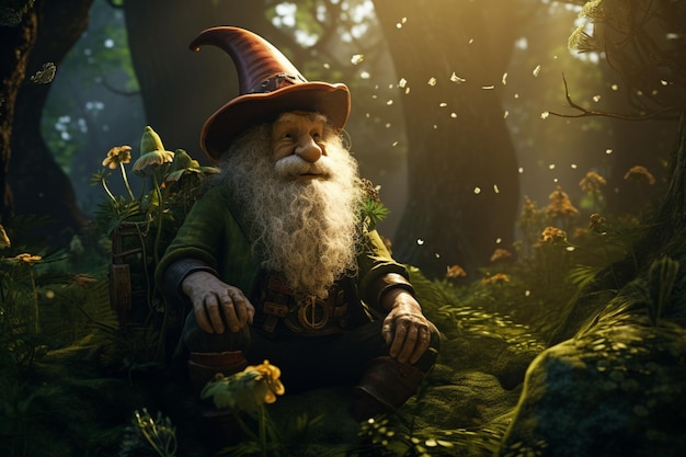 Mystical leprechaun character surrounded by nature and vegetation