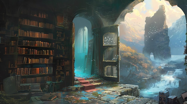 Photo mystical library with waterfalls and floating books