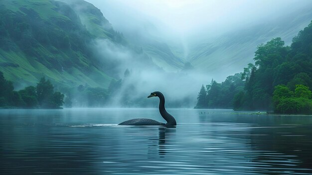 The mystical Loch Ness monster swims across the lake AI generated