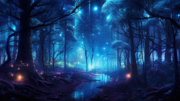 Foto mistica foresta blu magica di notte con illustrazione vettoriale incandescente