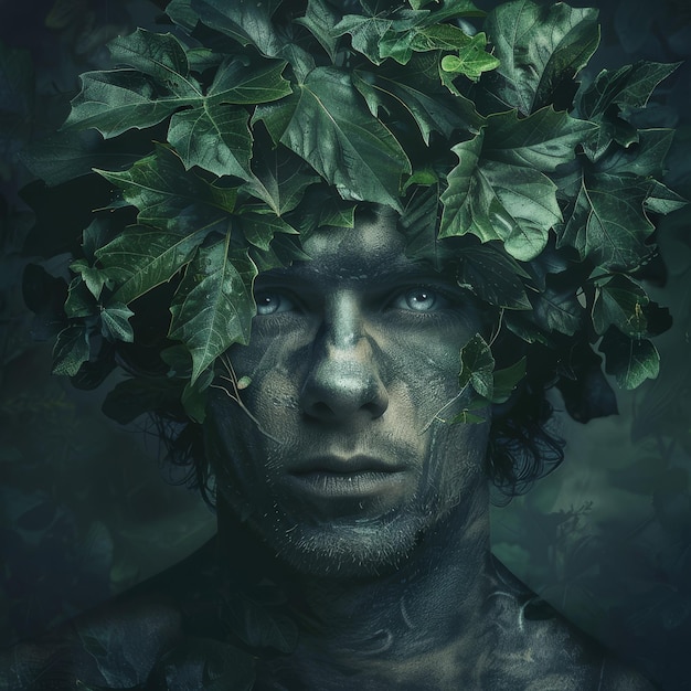 Mystical Man with Leaf Crown in Enchanted Forest