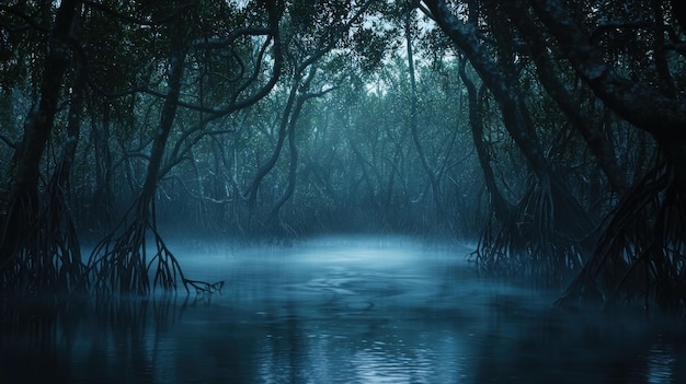 mystical mangrove swamp at dawn fog shrouds the waterway gnarled roots visible in the still water