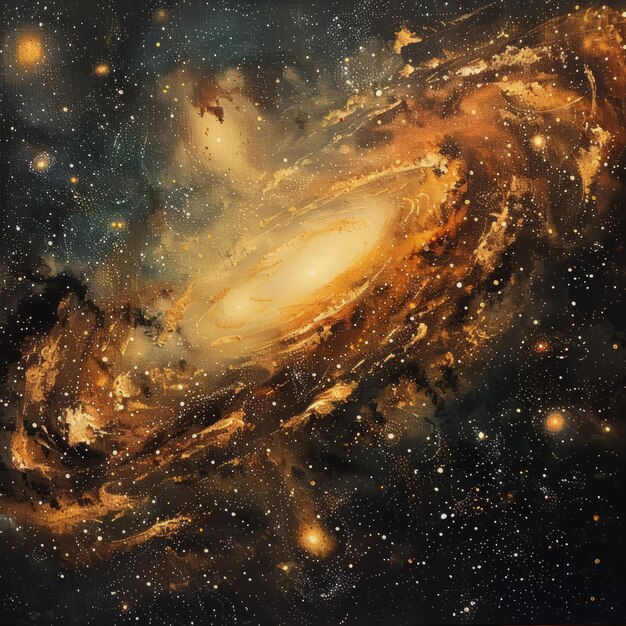 Photo mystical mesmerizing painting of a galaxy in gold and brown hues