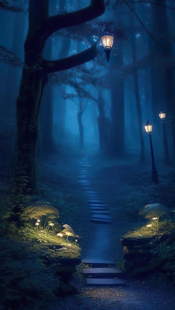 Mystical Midnight Forest Illuminated by Enchanted Blue Mushrooms and Lamplight