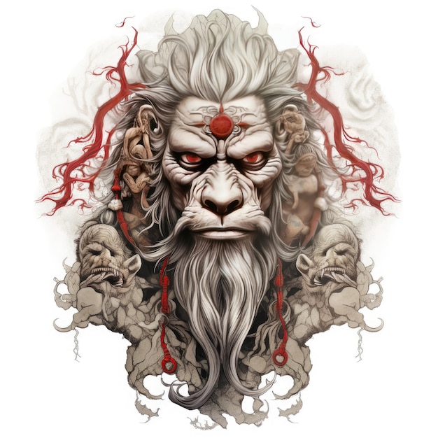 Mystical Monkey Deity Chinese Tattooed God TShirt Design with DTG Printing Enchanting Stone Faces