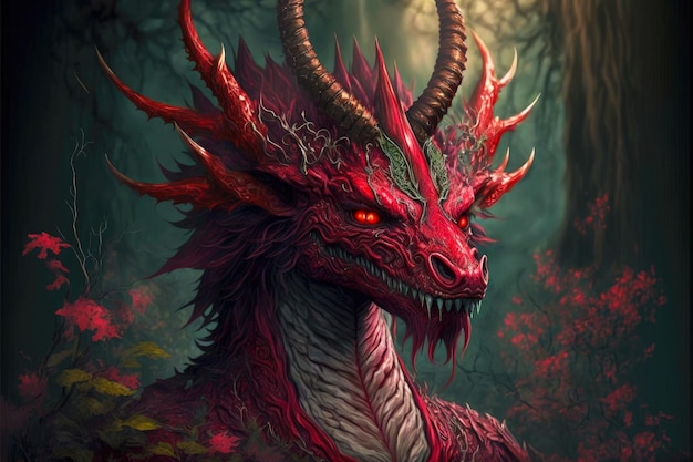 Mystical monster in form of red dragons with horns