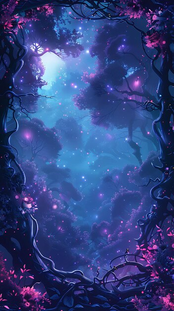Foto mistica foresta illuminata dalla luna arcanica cornice con alberi incantati una collezione d'arte a sfondo a colore neon