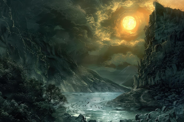 Photo mystical moonlit landscape with ruined castle and river