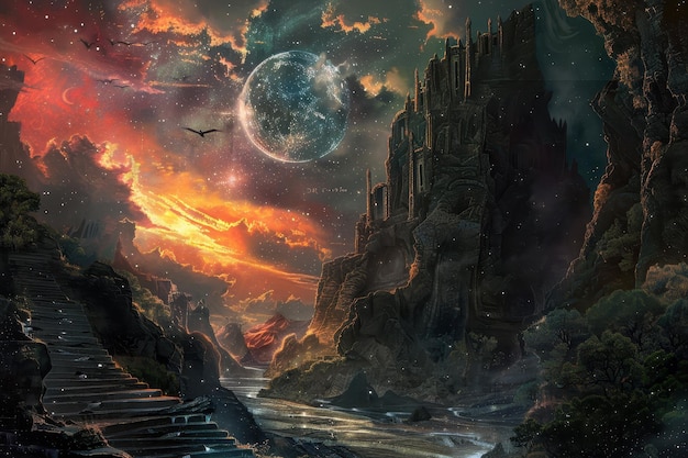 mystical moonlit landscape with ruined castle and river