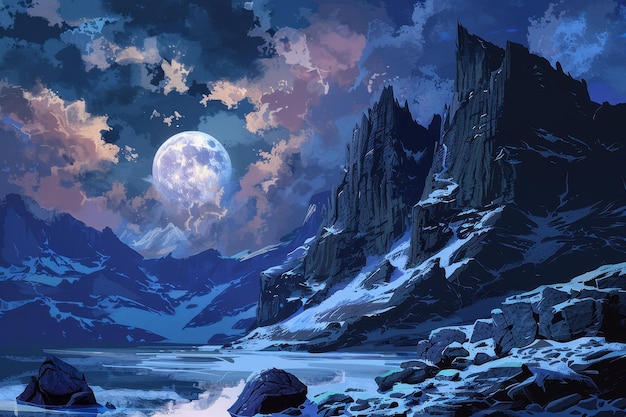 mystical moonlit mountain landscape with snowcapped peaks and tranquil lake