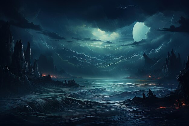 Мистический лунный океан с драматическим небесным искусством генеративного ИИ