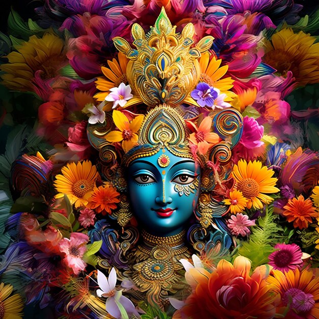 Mystical Murtis of Hindu deities adorned with vibrant flowers