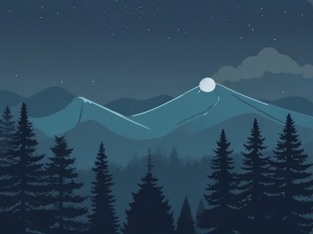 Photo mystical night mountain landscape with foggy pines illustration