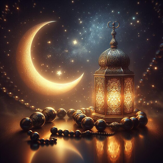 Mystical night scene ornate lantern polished beads crescent moon Serene solitude