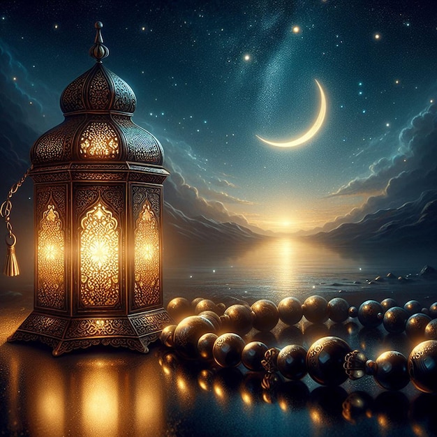 Photo mystical night scene ornate lantern polished beads crescent moon serene solitude