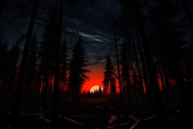 Мистический ночной снимок в зловещем сосновом лесу
