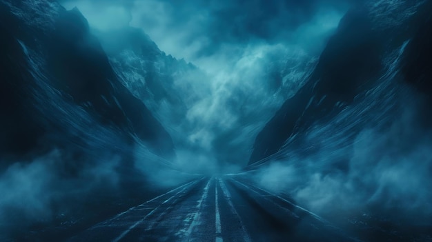 미스틱 노어 어두운 거리 아스팔트 추상 어두운 파란색 배경 빈 어두운 산맥 장면