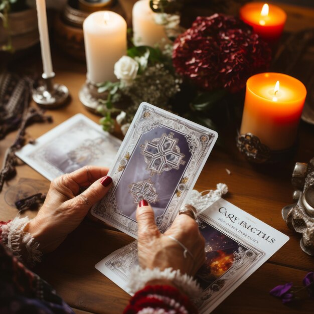 写真 神秘 的 な 占い師 は やか な 環境 の 中 で 古代 の 叡智 を 照らし て い ます