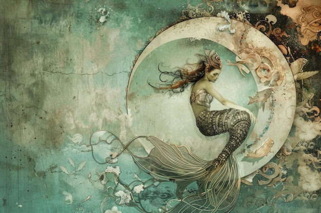 A mystical painting featuring a mermaid with flowing hair