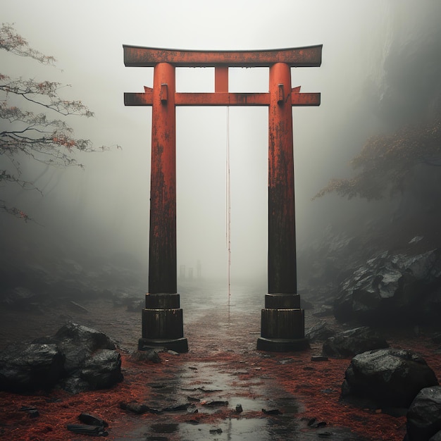 Foto passaggio mistico porta rossa torii in una foresta nebbiosa