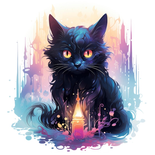 Mystical Pastel Halloween adult Black Cat clipart beautiful Black cat